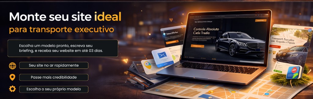 Ilustração: site para transporte executivo com modelos prontos e laptop.