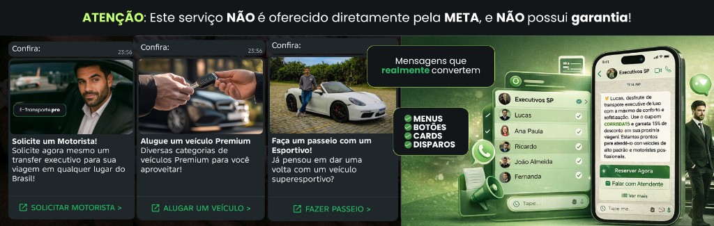 Ilustração: disparador WhatsApp com menus, botões e aviso legal.