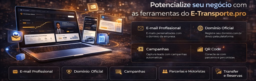 Potencialize seu negócio com as ferramentas do E-Transporte.pro — e-mail profissional, domínio oficial, campanhas e QR Code.